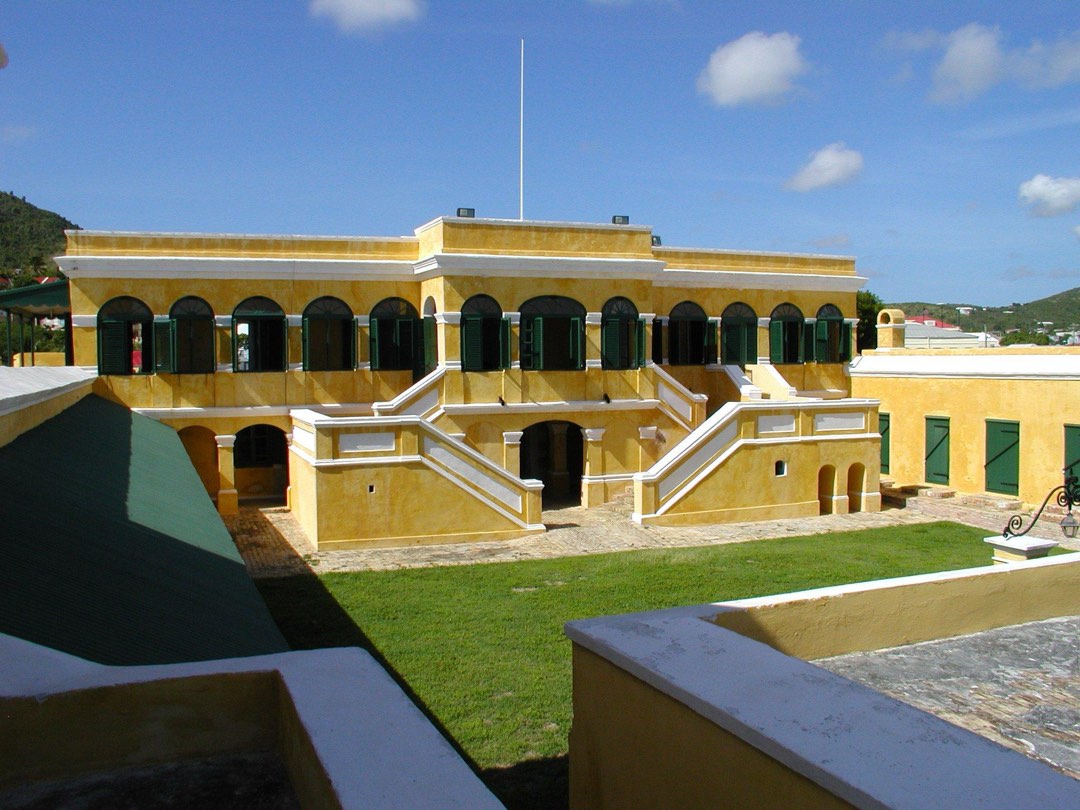 View of the interior courtyard and stairs to the quarters of the fort's Commandant.